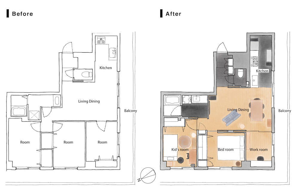 リノベーションのビフォーアフターの平面図,プランのイラスト